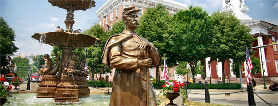 Chambersburg's fountain and bronze sentry stand as monuments to the Civil War. Credit: Franklin County Visitors Bureau