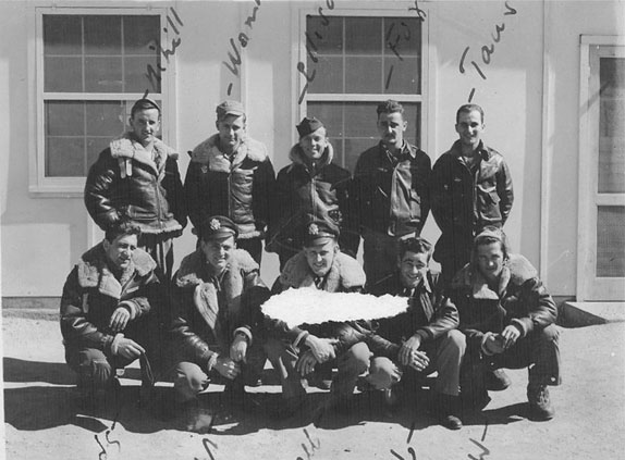 Clair Truby's Crew: The 833rd Bomb Squadron, 486th Bomb Group. Truby is in the first row, second from the right. Photo Courtesy Ralph Siegel